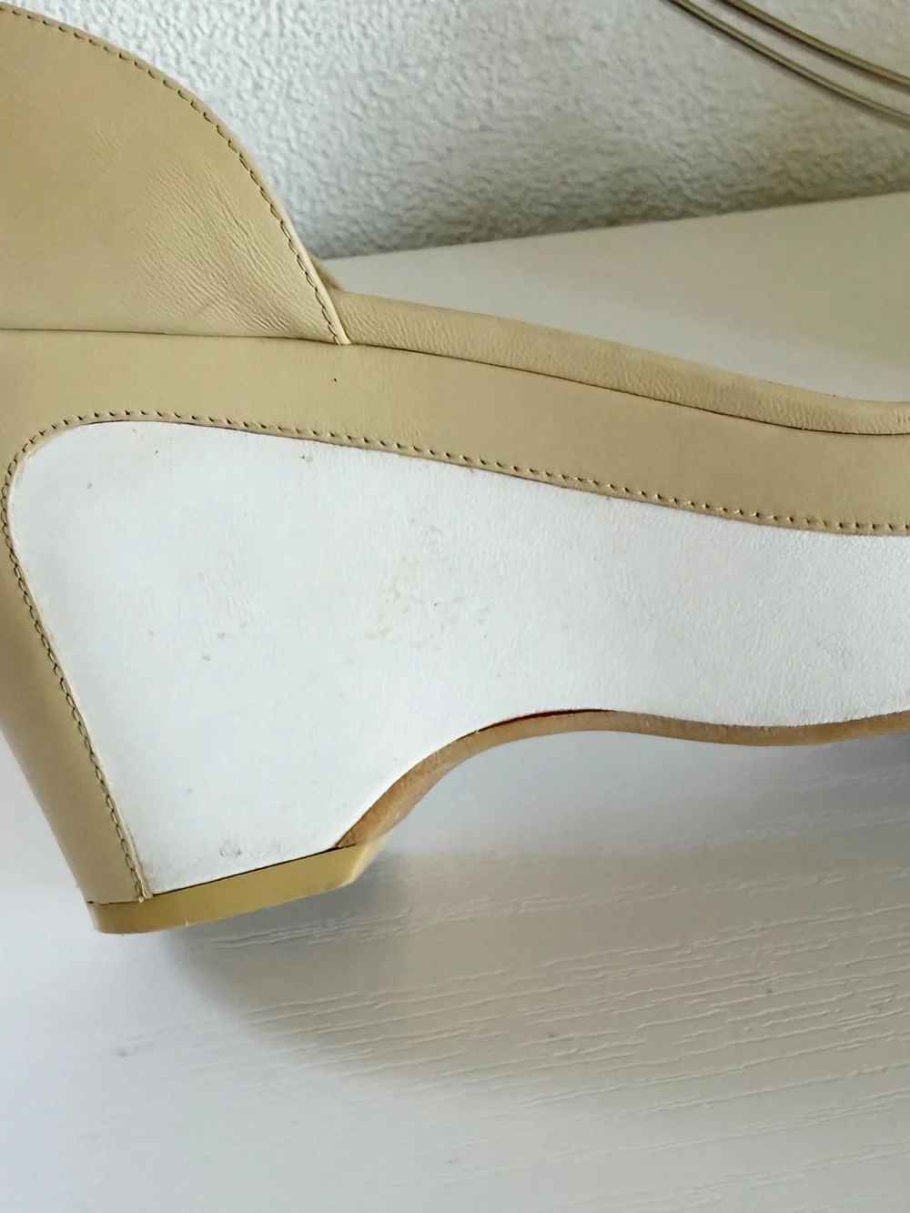 Chanel Beige White Leather Wedge Sandals CC Logo Ankle Tie Size EU 37
